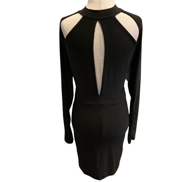 SYMPHONY Black BODYCON Dress Size Medium Multi-cutout Mesh Panel Stretchy - Picture 4 of 7